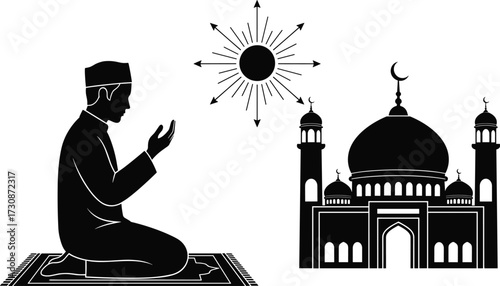 Islamic prayer silhouette vector illustration, worship scene with mosque and sun, black spiritual clipart, traditional attire design, religious concept artwork