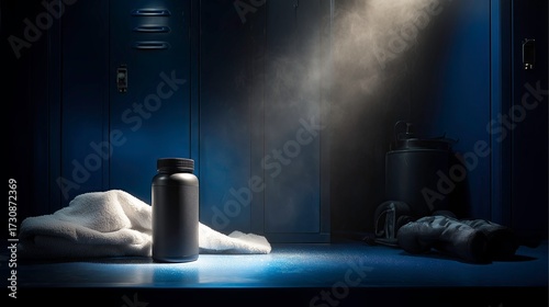 Dark locker room with fitness equipment and protein container  