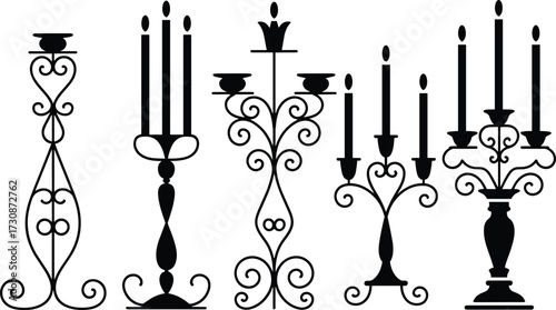 Vintage candle holder silhouette set, ornate candelabra vector collection, decorative gothic chandelier clipart, elegant black candle stand design, scrollwork style