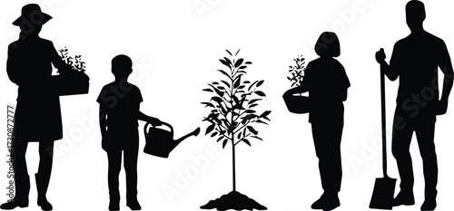 Tree planting silhouette vector illustration, family gardening scene with tools and plants, black environmental clipart, nature care design, teamwork concept