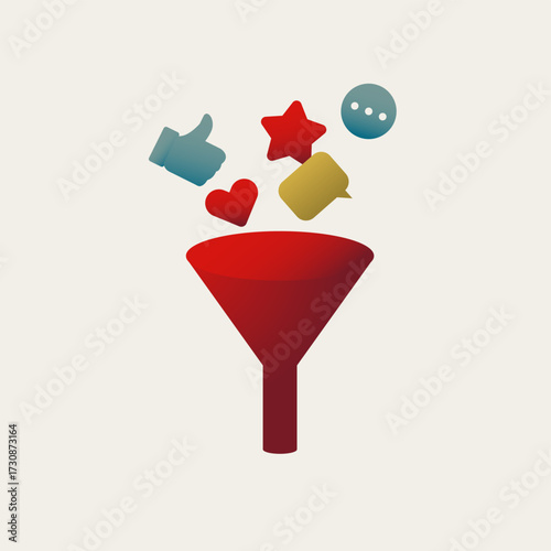 Concept illustration of a marketing funnel collecting social media engagement icons like hearts and likes. Represents content strategy, brand engagement, and converting followers into customers.
