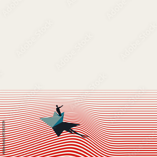 Vector illustration of a leader on a paper boat in a volatile sea. A powerful metaphor for navigating business challenges, taking risks, courage, and innovative exploration.