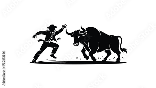 Silhouette of a cowboy facing a charging bull in a dynamic western scene