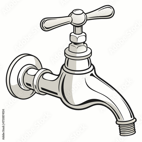 Silver faucet with a classic design and visible threading for plumbing connections in a detailed vector illustration