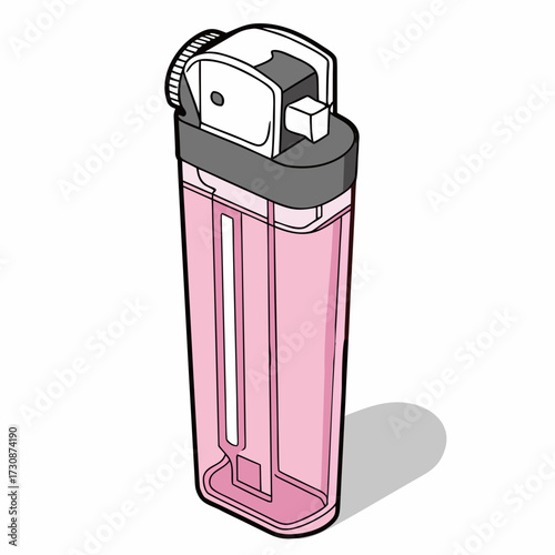 Pink plastic lighter with gray and white accents casting a shadow on a white background in a simple vector illustration style