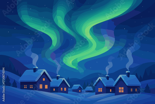 Smoking above northern glowing illustration vector snowy village softly lights