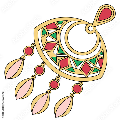 Exquisite golden pendant with vibrant gemstone accents, a timeless jewelry design showcasing elegance and artistry, perfect for fashion and cultural themes