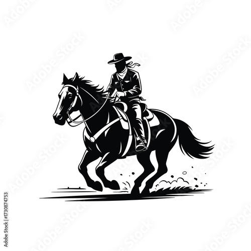 Dynamic silhouette of a cowboy riding a galloping horse across a dusty field