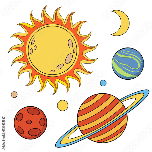 Colorful Solar System Cartoon Planets and Sun, A Fun Education Resource for Kids, Perfect for Science, Space, and Astronomy Learning Materials