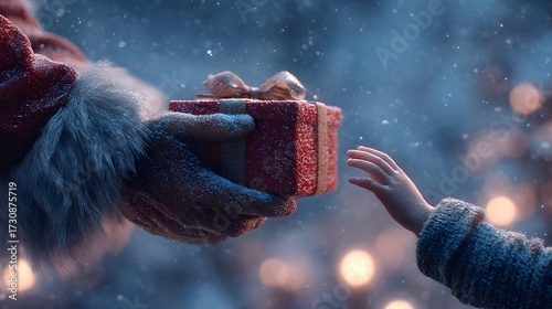 Snowy holiday scene with Santa handing a gift to a child's eager hands