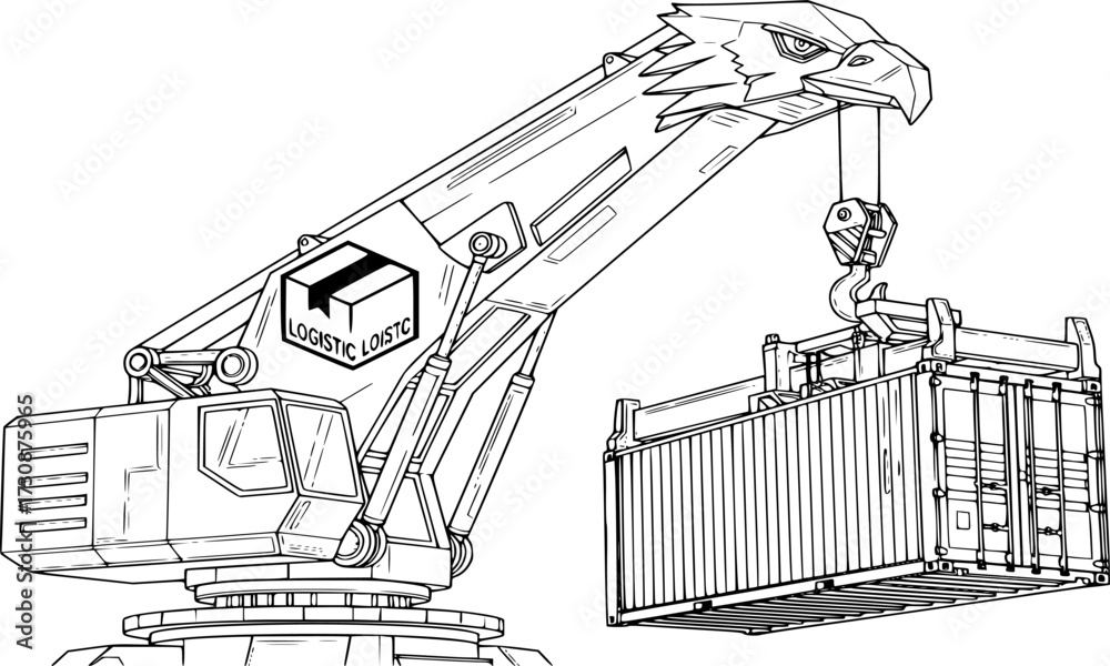 Fototapeta premium Crane hoke with a logistic box icon. Contamination crane lifting a container line vector 