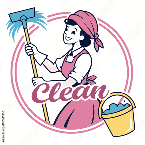 Cleaning service professional maid with mop and bucket for home and office cleaning services company logo design