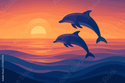 Illustration glow sunset off reflecting dolphins simple water leaping vector gradient above