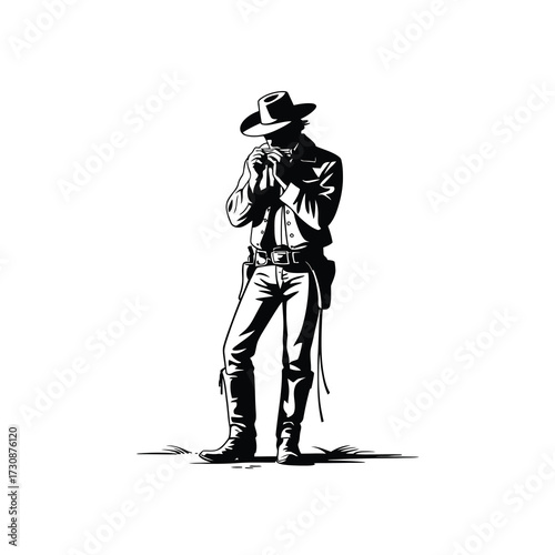 Striking silhouette of a lone cowboy standing tall in the wild west