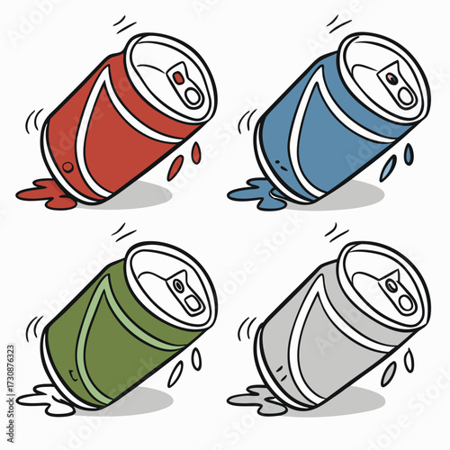 Cartoon illustration of four colorful soda cans spilling liquid isolated on white perfect for backgrounds and designs needing a fun touch