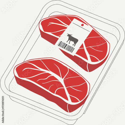 Two raw beef steaks in a plastic tray with a barcode label ready for purchase at the grocery store or butcher shop display case