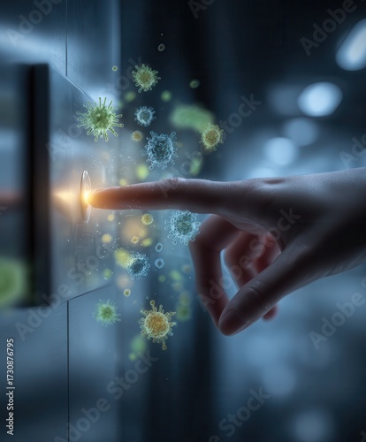a hand presses an elevator button with germs and bacteria