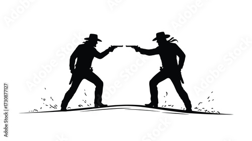 Two cowboys face off in a dramatic silhouette showdown