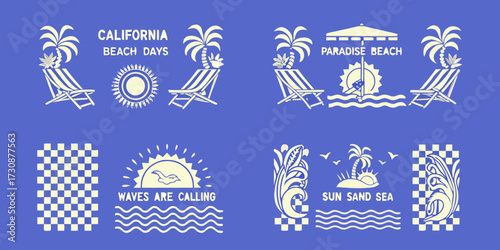Retro california beach vibes with palm trees sun loungers and ocean waves