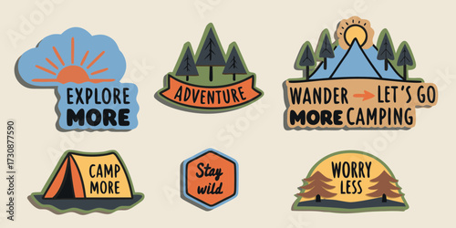 Collection of six outdoor adventure themed stickers with inspirational quotes for camping and exploration