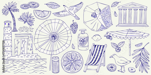 Hand drawn sketch of summer vacation elements including beach umbrella deck chair lighthouse and citrus fruits