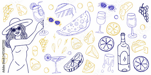 Summer party illustration with woman holding cocktail surrounded by food and drinks in blue and yellow outline style