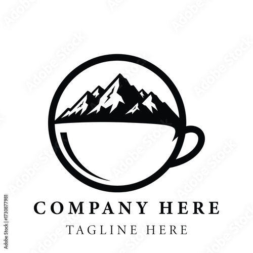 Rustic mountain coffee cup logo design with inspiring peaks and placeholders for text