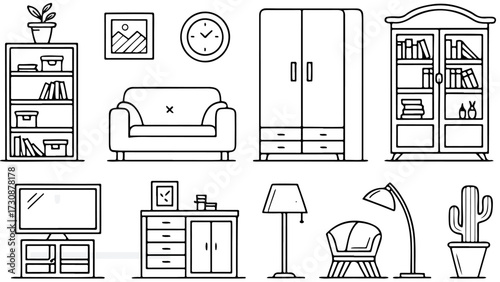 "Home Furniture and Interior Icons Set – Minimalist Vector Line Design, Editable Stroke"