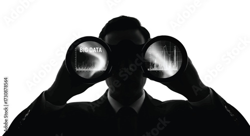 Big Data Analytics Businessman with Binoculars Looking into Graphs Business Concept Illustration