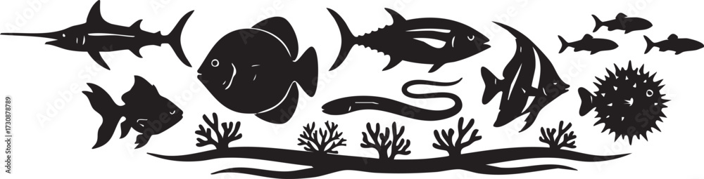 Fototapeta premium Underwater fish silhouette, marine animals, ocean life, coral reef vector illustration