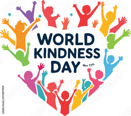 “World Kindness Day – Nov 13th” colorful vector with heart-shaped human silhouettes and bold text for global compassion celebration