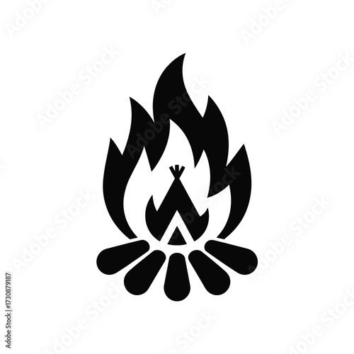 Campfire silhouette icon featuring a teepee inside a stylized flame