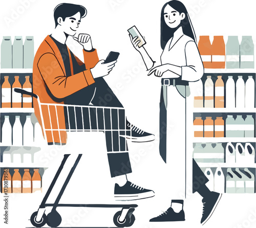 Couple using smartphones in a grocery store aisle shopping
