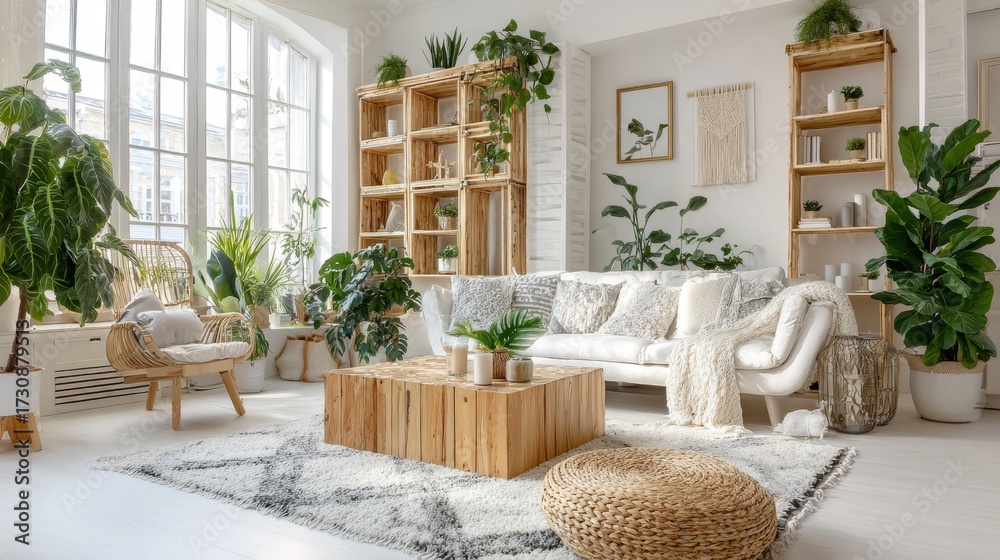 Fototapeta premium Bright Living Room with Indoor Plants, White Walls, and Wooden Accents