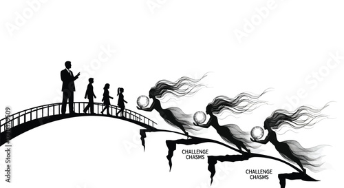 Business Challenges and Overcoming Concept Leader Leading Team Across Chasms Bridge Vector