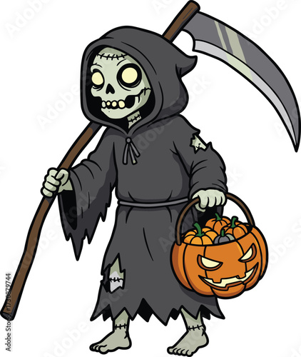 Cartoon grim reaper character in black hooded robe holding scythe and Halloween pumpkin basket full of candyCartoon grim reaper character in black hooded robe holding scythe and Halloween 