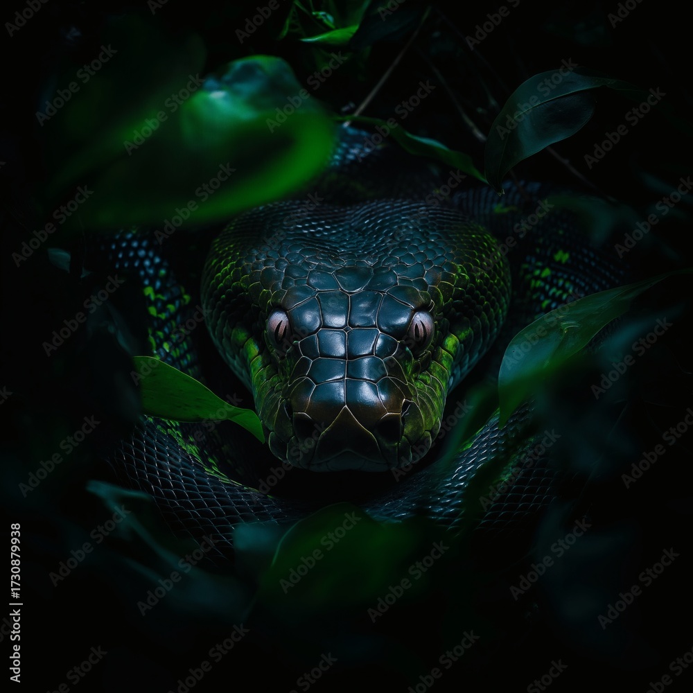 Fototapeta premium Emerald serpent emerging from lush foliage, eyes gleaming in the shadows.