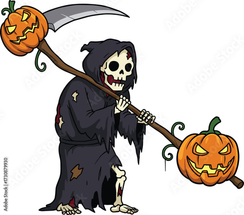 Creepy Halloween Grim Reaper with Scythe and Jack-o’-Lantern Pumpkins in Dark Hooded Cloak IllustrationCreepy Halloween Grim Reaper with Scythe and Jack-o’-Lantern Pumpkins in 