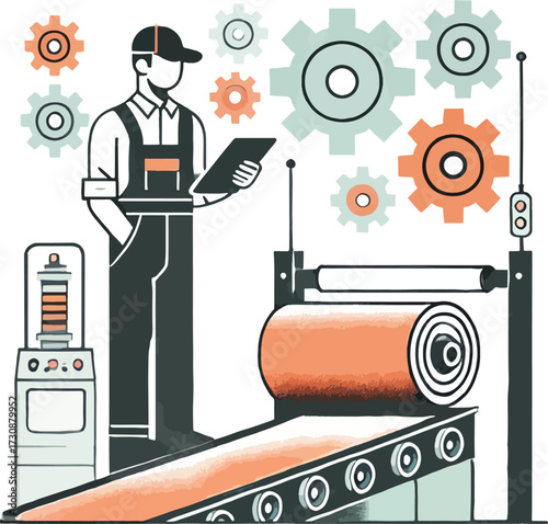 Factory worker with tablet overseeing production line and gears