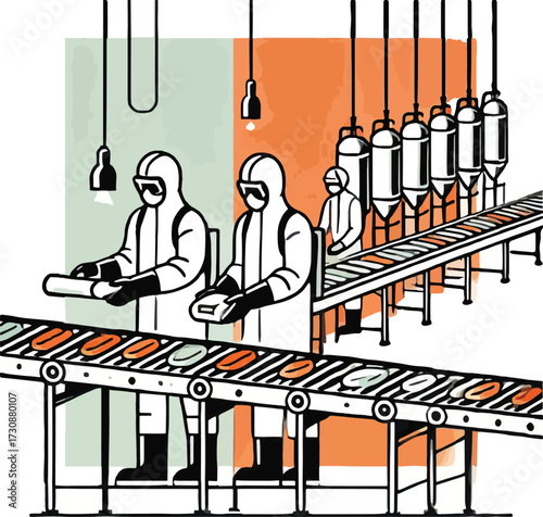 Food production line with workers in protective suits
