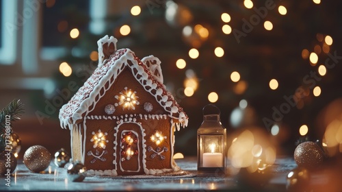 Festive Christmas Table Arrangement Featuring Burning Candle on White Linen with Pine Cones and Glowing Background Lights