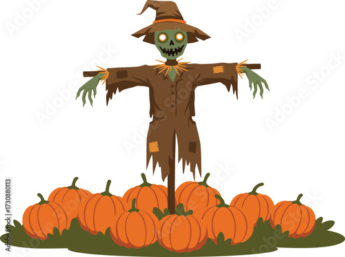 Creepy zombie scarecrow standing in pumpkin patch with glowing eyes for spooky halloween horror night vector illustrationCreepy zombie scarecrow standing in pumpkin patch with glowing eyes 