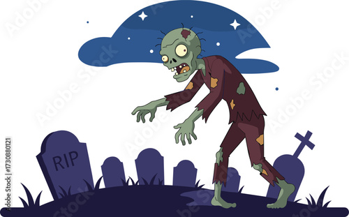 Creepy zombie walking in graveyard at night with tombstones and dark sky, horror illustration for Halloween designCreepy zombie walking in graveyard at night with tombstones 
