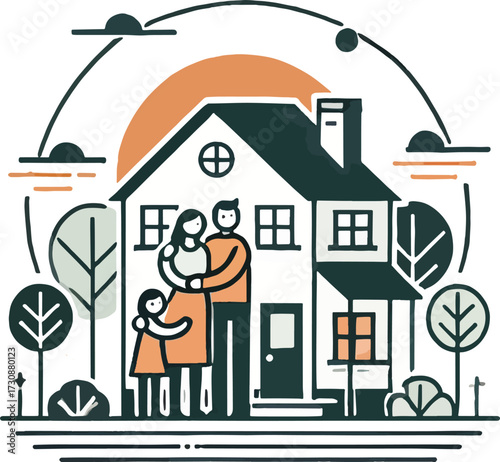 Family embracing in front of a stylized house with trees and sun