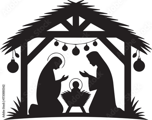 Nativity scene silhouette majestic stable with mary joseph baby jesus and christmas lights
