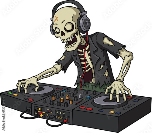 Funny cartoon skeleton DJ mixing music on turntables with headphones perfect for halloween party vector illustration designFunny cartoon skeleton DJ mixing music on turntables with headphones 