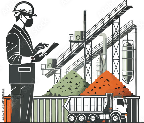 Industrial worker in hard hat and mask using tablet near conveyor belts and material piles