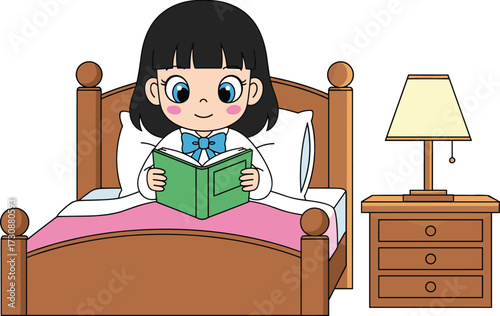 Cartoon child reading book in bed, peaceful bedroom scene, educational moment, nightstand with lamp, vector illustration, bedtime routine, kids content