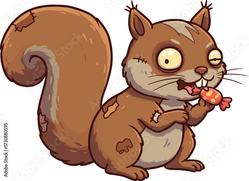 Funny zombie squirrel eating candy, cartoon undead animal character with patches, spooky and humorous vector illustrationFunny zombie squirrel eating candy, cartoon undead animal 
