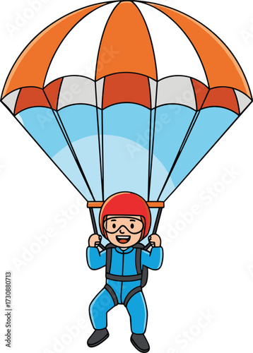 Cartoon skydiver character illustration, parachute open in air, smiling person in jumpsuit, extreme sport concept, vector art, outdoor adventure scene